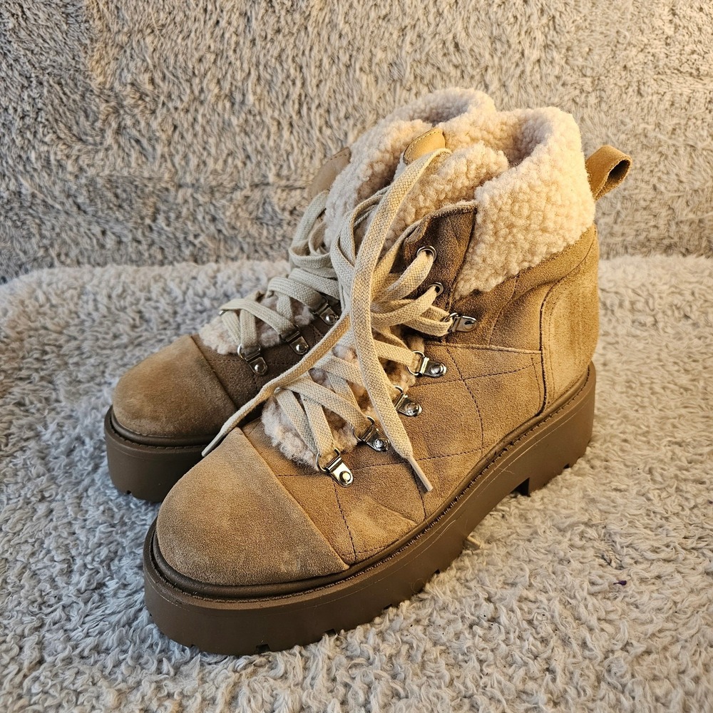 Steve Madden Reyen Hiking‎ Boots Tan Suede Faux Fur Womens 9 Good